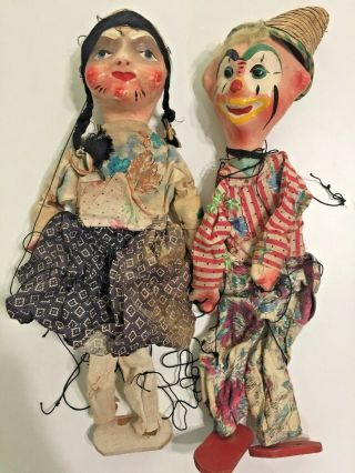 Two Antique/vintage Marionette Puppets - Clown And Girl