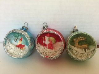 Vintage Mercury Glass Diorama Christmas Ornaments Santa Reindeer Church Brushes