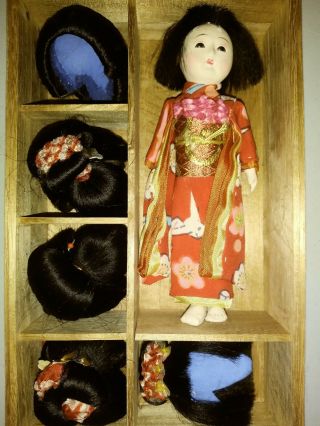 Vintage Japanese Doll 5 " With 5 Real Hair Wigs