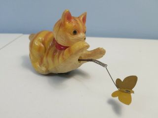 Vintage Occupied Japan Tin/celluloid Toy Cat With Butterfly 5.  5 " Long