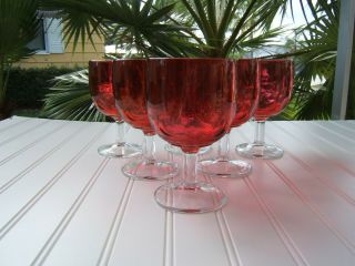 Vtg 1960s Bartlett Collins Cranberry Ruby Red Thumbprint Goblets Set Of 6 Euc