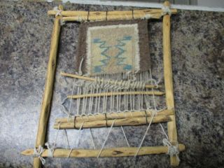 Vintage Miniature Navajo Loom W.  Weaving Rug 12 " X 14 "