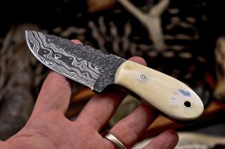 Cfk Ipak Handmade Hammered Damascus Custom Camel Bone Small Hunting Edc Knife