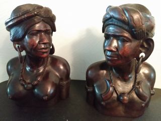 Set Of 2 Very Vintage Hand Carved Wood Busts African Man Woman