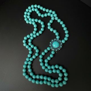 Vtg Crown Trifari Turquoise Double Strand Bead Necklace - Sapphire Rhinestone