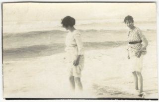 1910s Two Young Women Wade In The Surf On The Beach Seashore Snapshot