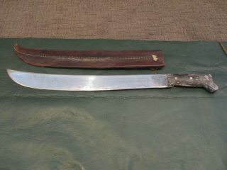 Vintage Gwh British 17 - 1/2 " Blade Machete W/ Tooled Leather Scabbard/sheath