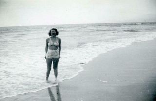 Kj478 Vtg Photo Swim Suit Bikini Woman Standing Beach Surf C 1940 