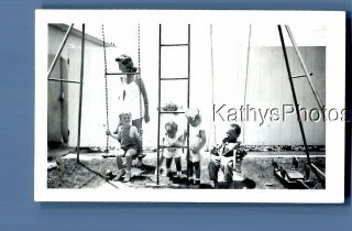 Found Vintage Photo C,  1298 Pretty Woman By Kids Playing On Swings,  Playset