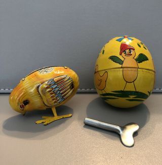 Vintage Haji Tin Chicken Egg With Tin Wind Up Chick Toy With Key Made In Japan