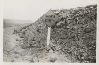 Vintage Photograph Road Sign Hairpin Curves 1930s - 40s