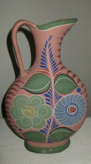 Vintage Mexican Hand Painted Unglazed Clay Pottery Water Pitcher 12 " X 8 " X 3 "