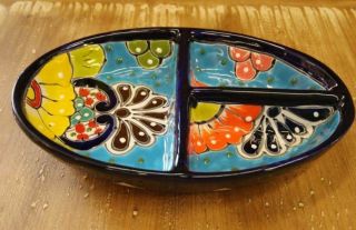 Talavera Oval 3 - Panel Appetizer Dish,  Colorful Ceramic Divided Dip Plate,