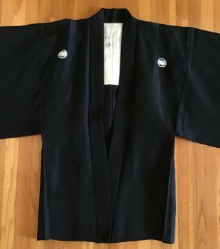 Vintage 1950s Handmade Black Silk Kimono Haori Robe Smoking Jacket Family Crest 2