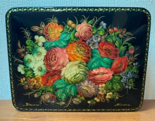 Russian Lacquer Box Flowers Mikhei Signed By Artist Decoupage Hand Made Painted