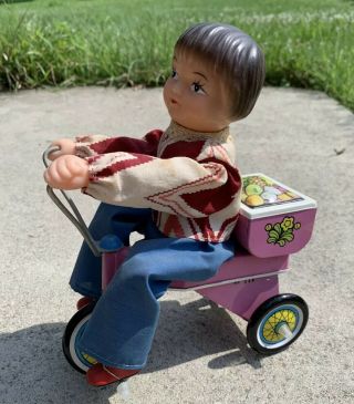Vintage Girl On Bike Tin Toy Me 844 Made In China Battery Operated Not