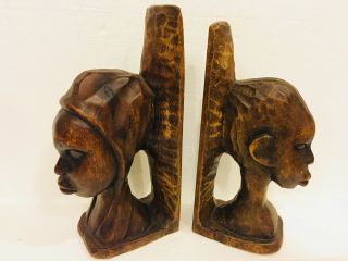 Hand Carved Wood African Tribal Native Man Woman Bust Bookends S.  Pierre Carving