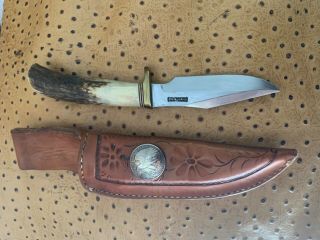 Sheath for Model 8 Randall Made knife brown tooled leather with 50 Cent concho 2