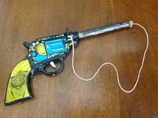 Vintage Japanese Tin Litho Toy Pop Gun Cork Gun Tiger Blue Yellow