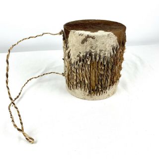 Native American Indian Ceremonial Double Sided Log Drum Animal Hide Fur 7 " Tall
