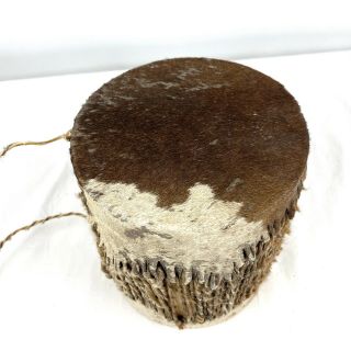 Native American Indian Ceremonial Double Sided Log Drum Animal Hide Fur 7 