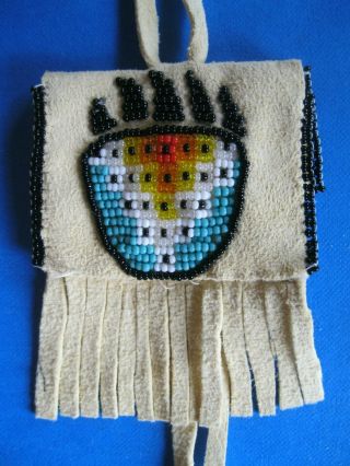 Hand Beaded Medicine Bag W/bear Claw Design By Taos Pueblo Artist Barbara Woods