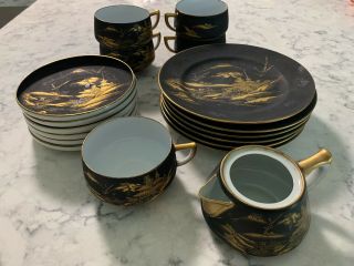 Kutani Porcelain Mount Fuiji Black & Gold Hand Painted Tea Set