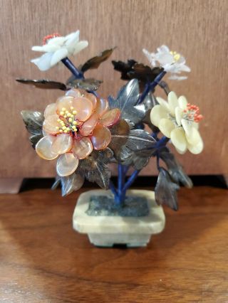 Vintage Chinese Jade Bonsai Tree W Carved Leaves & Flowers W Stamens Fall Colors