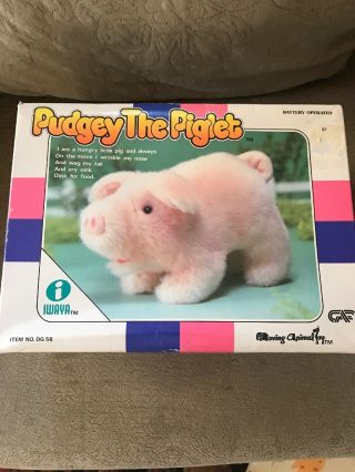 Vintage 1986 Iwaya Pudgey The Piglet Plush Walking Oinking Wags Tail Toy Pig