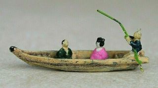 Japanese Bonsai Bonkei Miniature Boat W/ 3 People Vintage Landscape Accessory