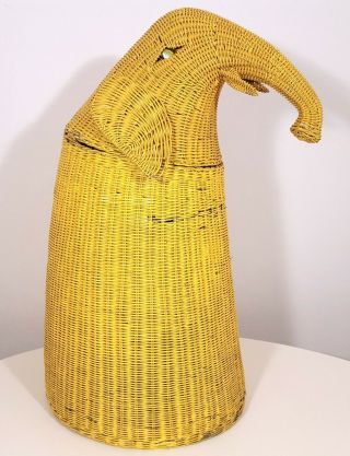Big Yellow Elephant Vintage Wicker Laundry Basket Hamper W/ Marble Eyes