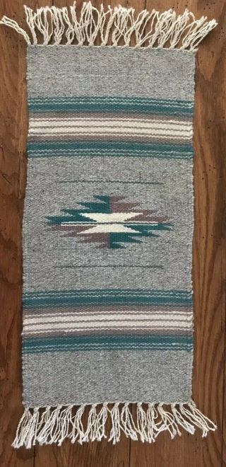 Vintage Ortegas Chimayo Woven Wool Table Runner - Turquoise/tan/gray - 24 " X 9 1/2 "