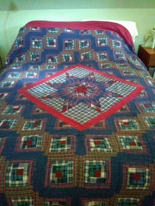 Vintage Quilt - Log Cabin - Arch Quilts - Elmsford Ny - Large Red Blue Plaid Flannel