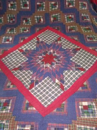 Vintage Quilt - Log Cabin - Arch Quilts - Elmsford NY - large red blue Plaid flannel 2