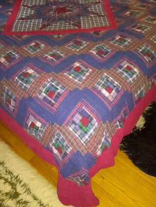 Vintage Quilt - Log Cabin - Arch Quilts - Elmsford NY - large red blue Plaid flannel 3