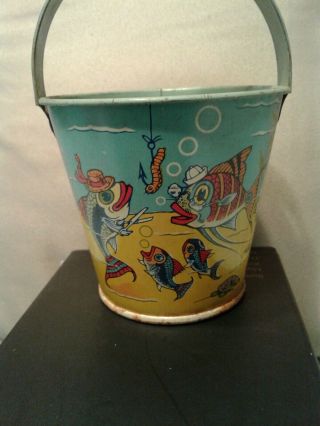 Vintage Stovers Tin Sand Pail / Candy Bucket Fish Turtle Lobster Sea Life
