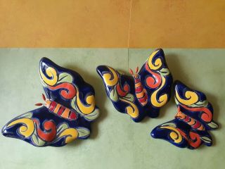 Talavera Butterflies Set Of 3 Large Medium Small Colorful Handpainted Ceramic