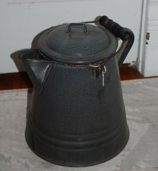 Vintage Lg.  Gray Enamelware Wood Handle Coffee Pot For Camping Or Wood Stove Use