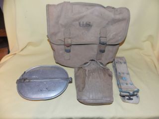 Vintage Ww2 Us Army Musette Bag Knapsack Mess Kit Canteen Web Belt Gear
