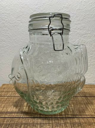 Vtg Sve Large 9” Clear Glass Fish Canister Cookie Jar.  Bale Type Seal Lid Italy