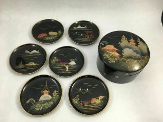 Vintage Japanese Lacquerware Coaster Set Of 6 Hand Painted With Container 3 "