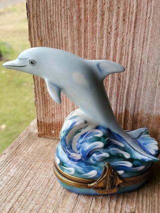 Vintage Limoges France Peint A La Main Hand Painted Dolphin Trinket Box Dubarry