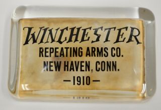 1910 Winchester Repeating Firearms Co Haven Conn Glass Paperweight Vtg