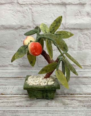 Vintage Chinese Carved Jade Peach Tree Stone Bonsai