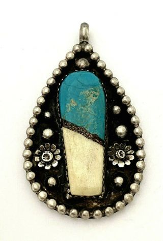 Vintage Southwestern Style Multi - Stone Inlay Sterling Silver Pendant