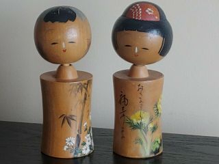 Vintage Wooden Japanese Kokeshi Doll Bobble Head Set