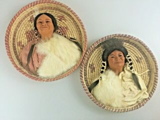Native American 3d Figures In Basket Lid Set Of 2 Man & Woman