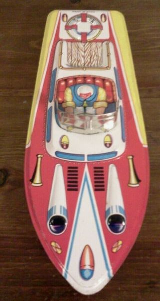 Vintage Tin Toy Boat Tin Race Boat With Driver Litho Made In Japan Rattle Inside
