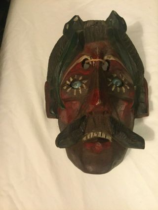 Vintage Guatamalen Wooden Hand Carved Diablo Folk Art Mask With Blue Glass Eyes