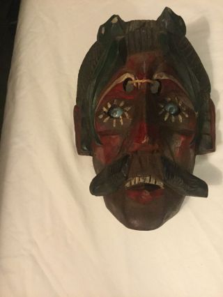 Vintage Guatamalen Wooden Hand Carved Diablo Folk Art Mask With Blue Glass Eyes 2